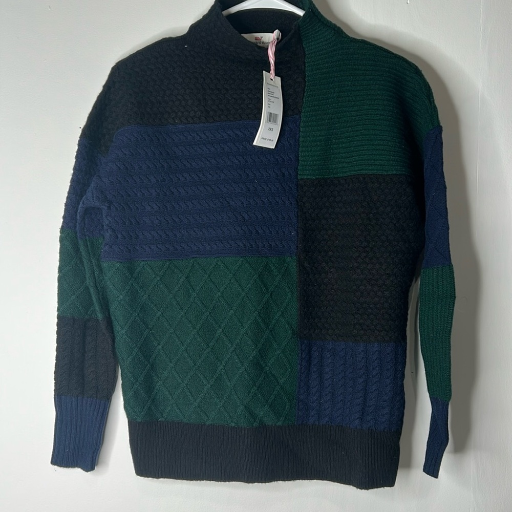 Vineyard Vines Women’s Patchwork Mock Neck Sweater NEW Merino Wool Oversized XXS